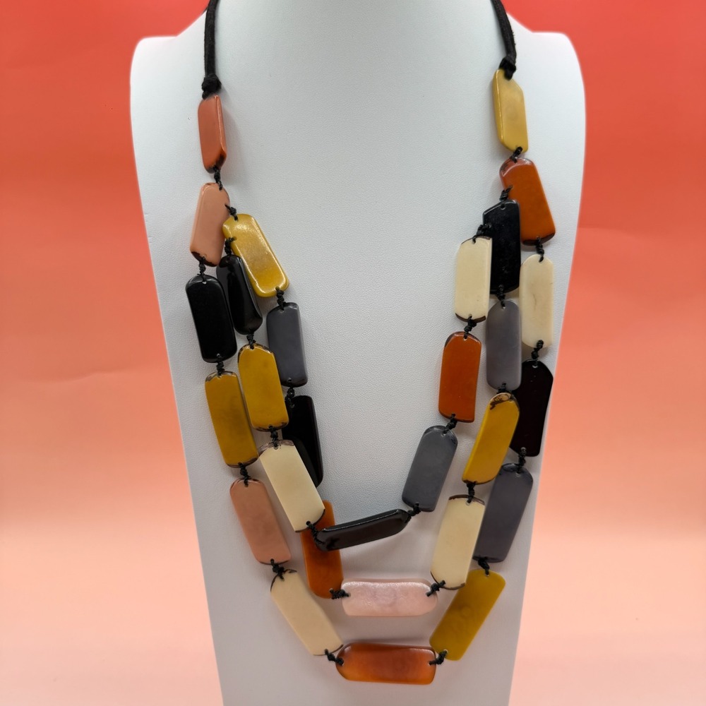 Multicolor Rectangular Bead Necklace Triple Strand Chunky Boho Statement Vintage